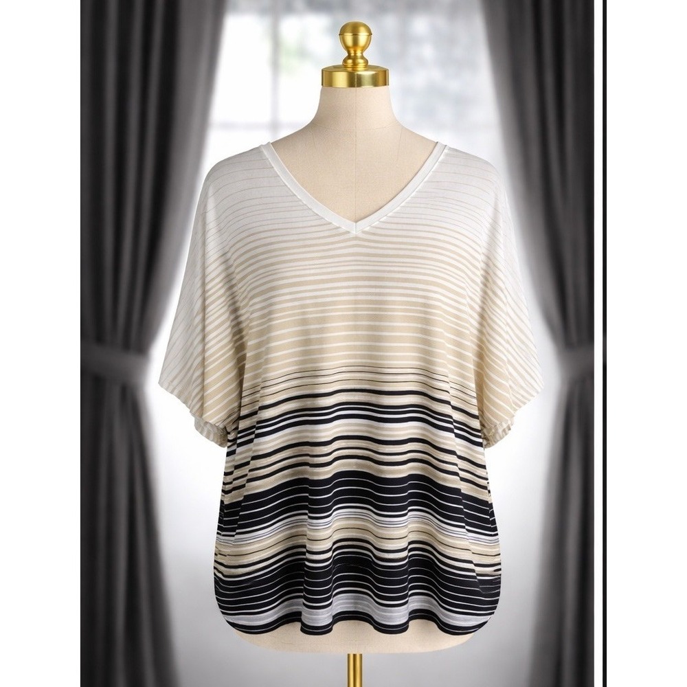 Chico's Popover Knit Rayon Top Neutral Striped Size 2 Large Stretch Casual